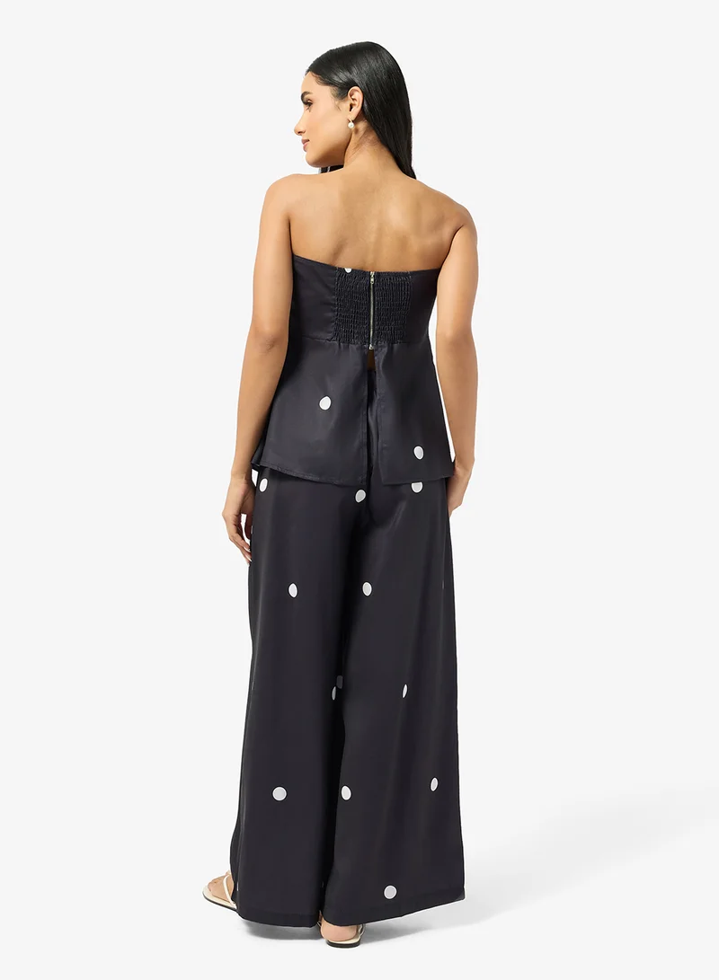 جينجر Bandeau Polka Dot Top & Wide Leg Pant Coord Set